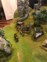 The Estalians set up with a refused flank and archers holding the high ground.